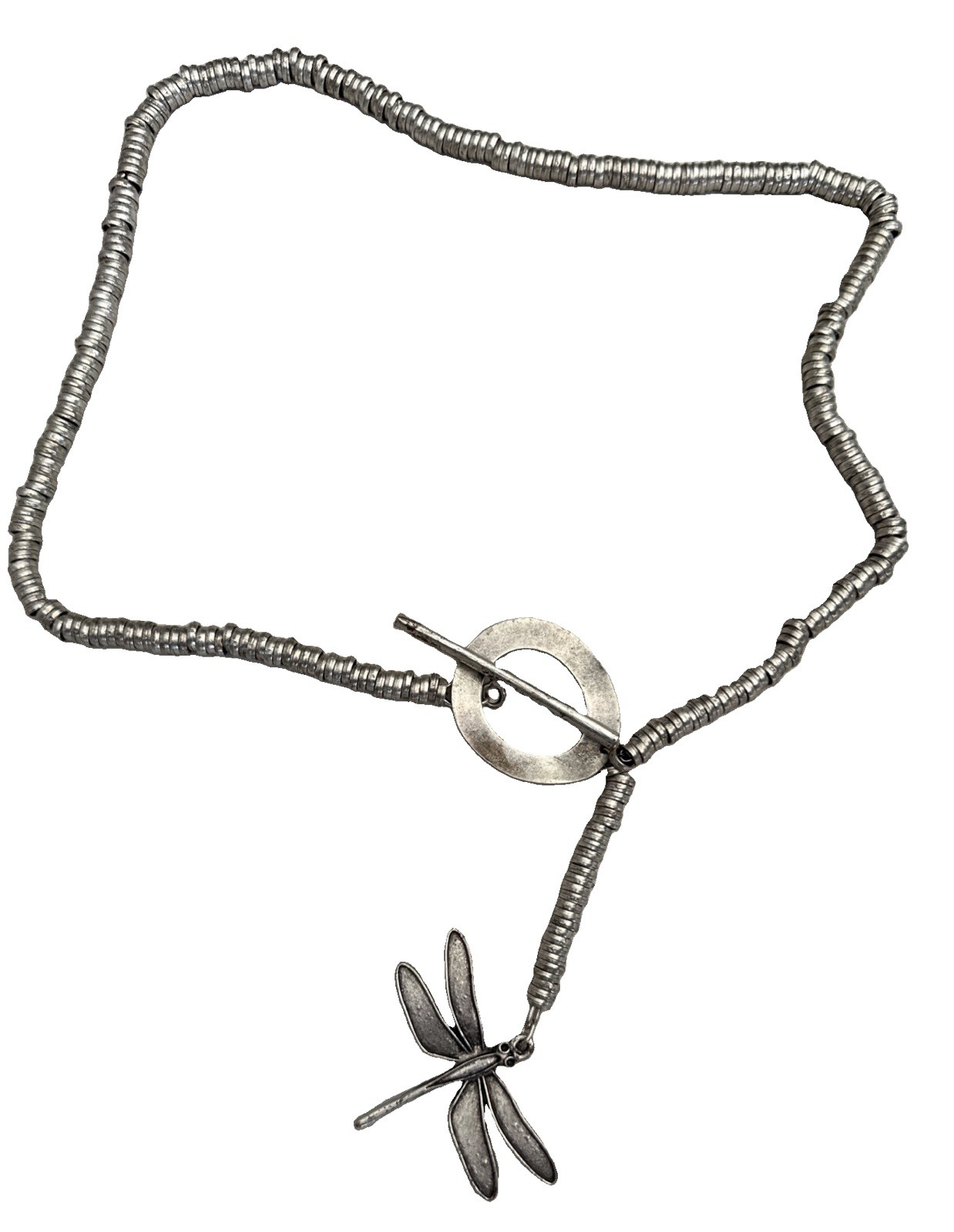 Artisan DRAGON FLY Pendent Necklace Circle Toggle 36” Silver Toned Pewter