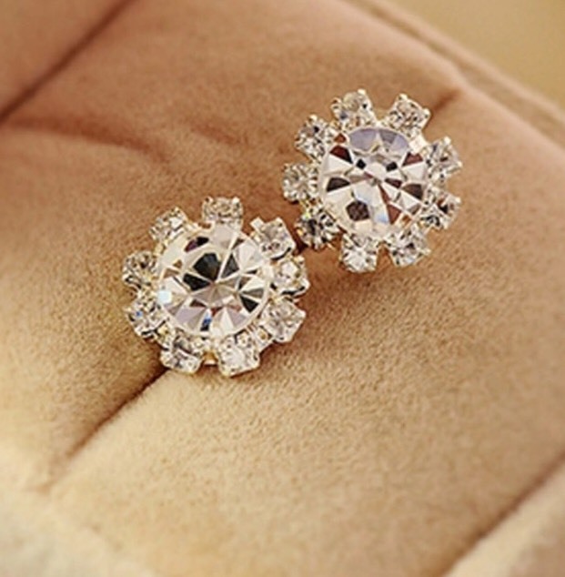 Silver Toned Clear Rhinestone Sunflower Stud Earrings Pierced Ears