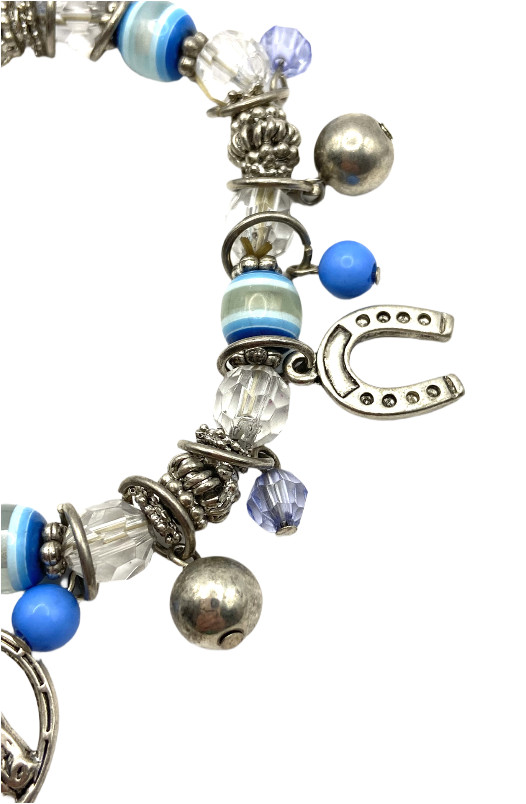 Blue-Clear Beaded Stretch Horse Horseshoe Charm Bracelet Silver Tone Equestrian