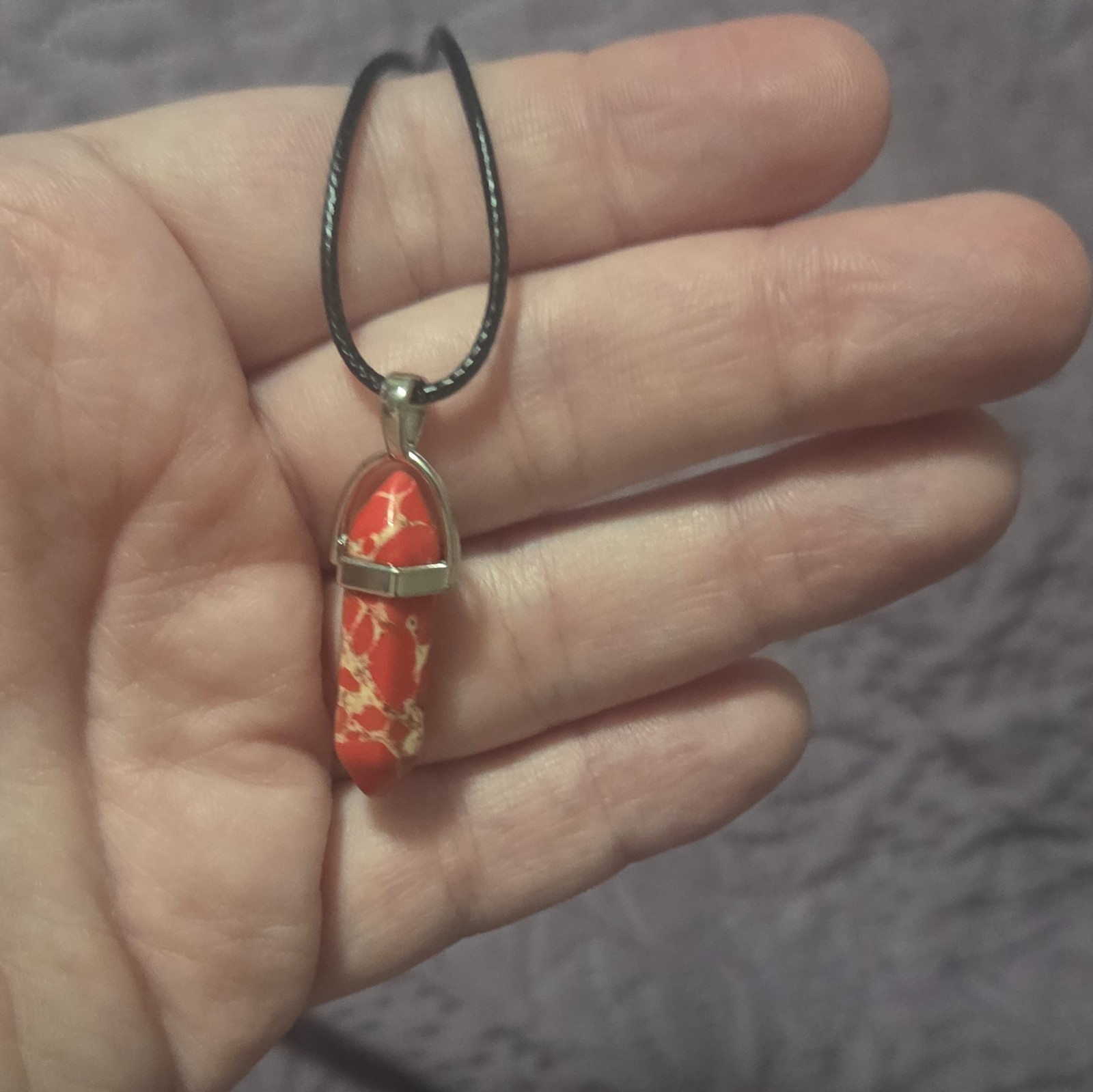 Red Teardrop Stone Pendant Charm Necklace, Black Cord Chain, Lobster Clasp