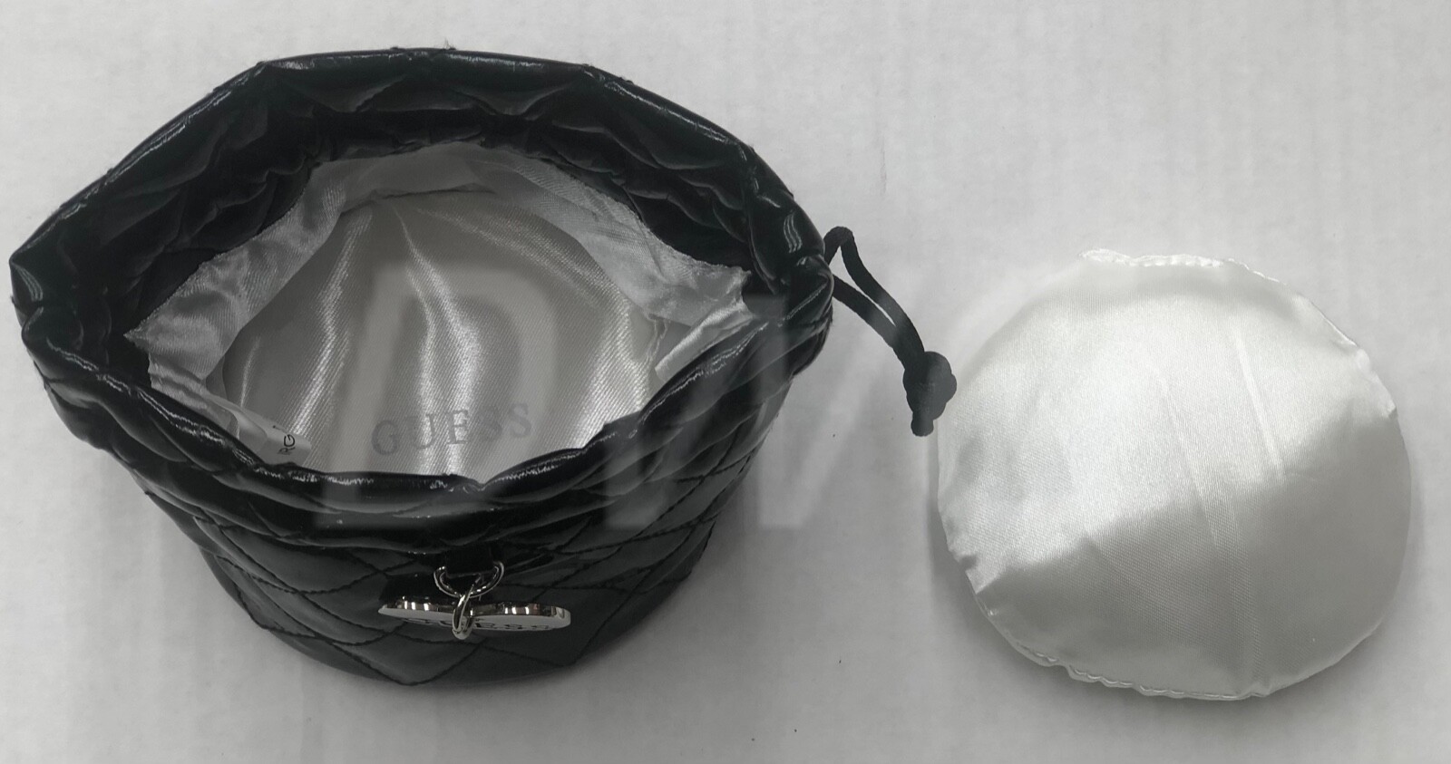 NEW GUESS Black Drawstring Quilted Patent Leather Pouch Watch Bag Jewelry Bag