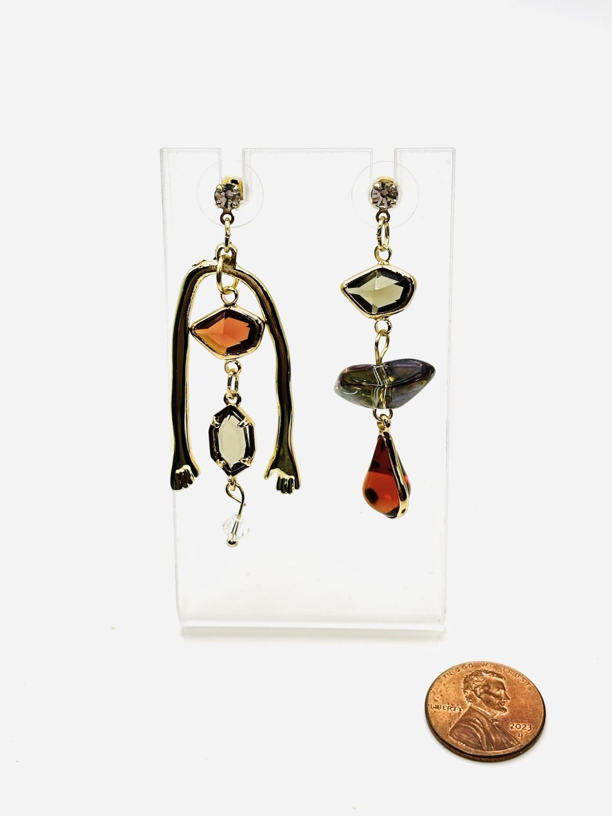 Artisan Dyed MOP & Crystal Long Necklace Asymmetrical Drop Earrings Set