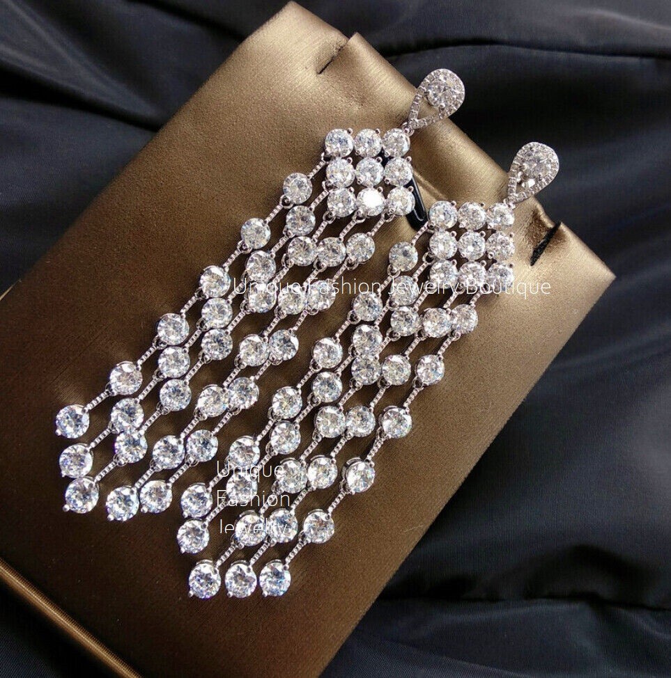 18k White Gold Filled Long Chandelier Earrings made w Swarovski Crystal Stone