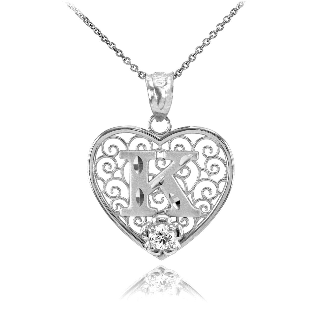 925 Sterling Silver Filigree Heart CZ Any / All Initial Letter Pendant Necklace