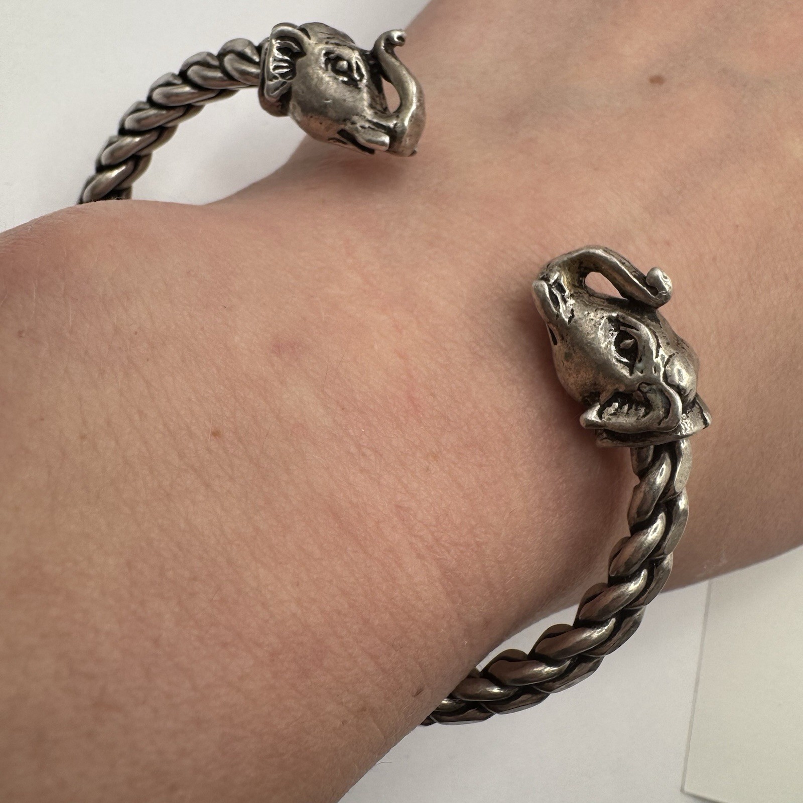 Sterling Silver Elephant Head Cuff Bracelet Open Ended Braided Bangle 39 grams