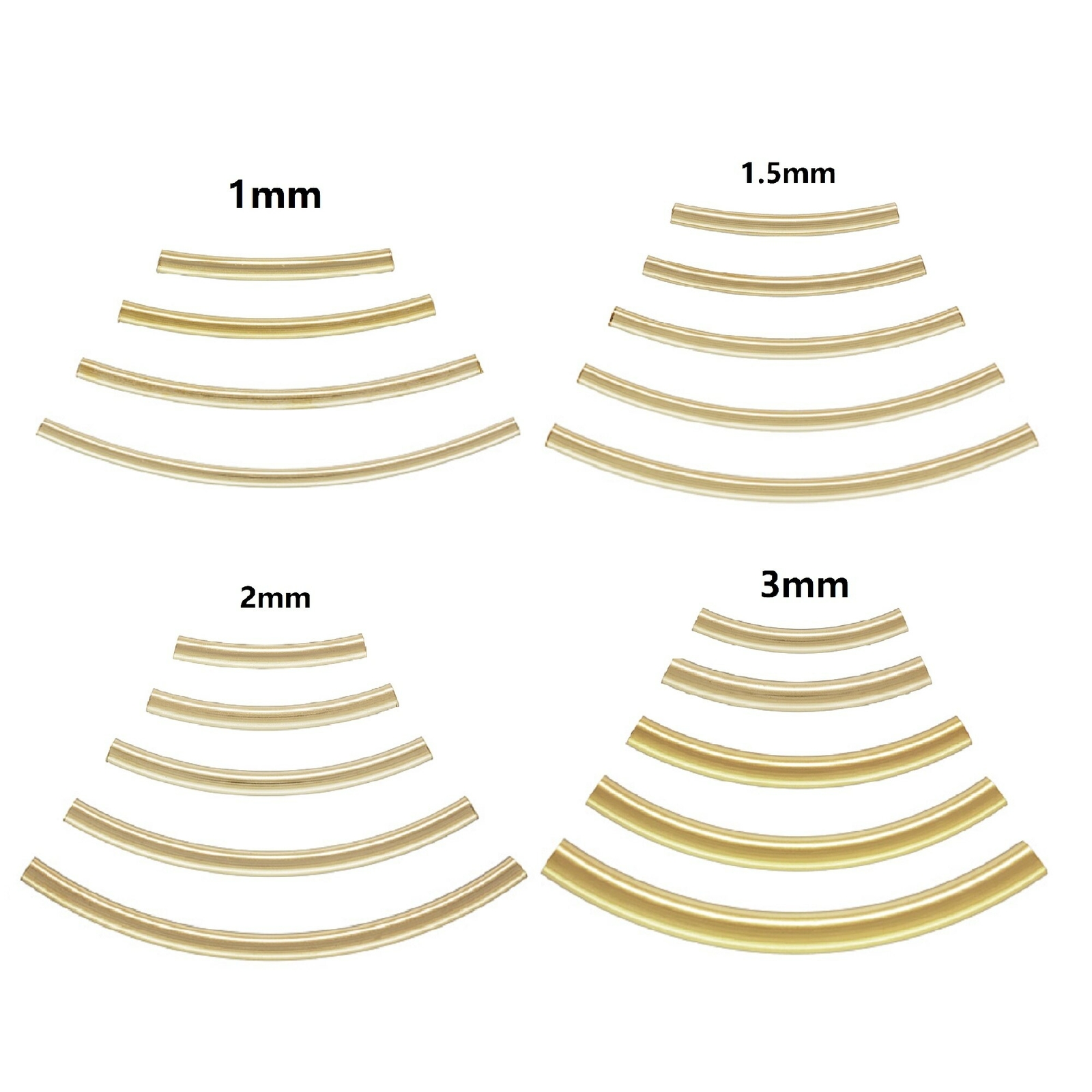 14K Gold Filled Smooth Curve Tubes Beads for Jewelry Findings 1mm 1.5mm 2mm 3mm