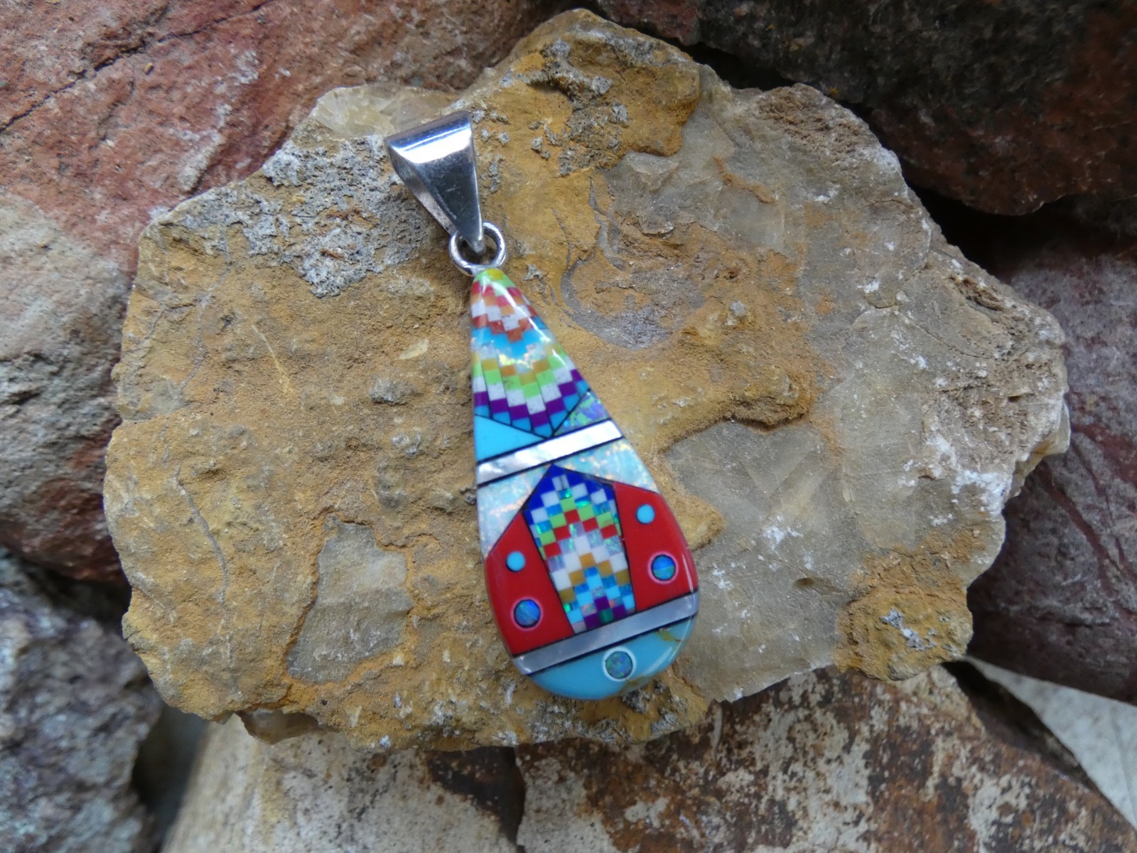 Southwestern Mosiac Gemstone Opal Aluminum Sterling Silver Alloy Pendant AS90