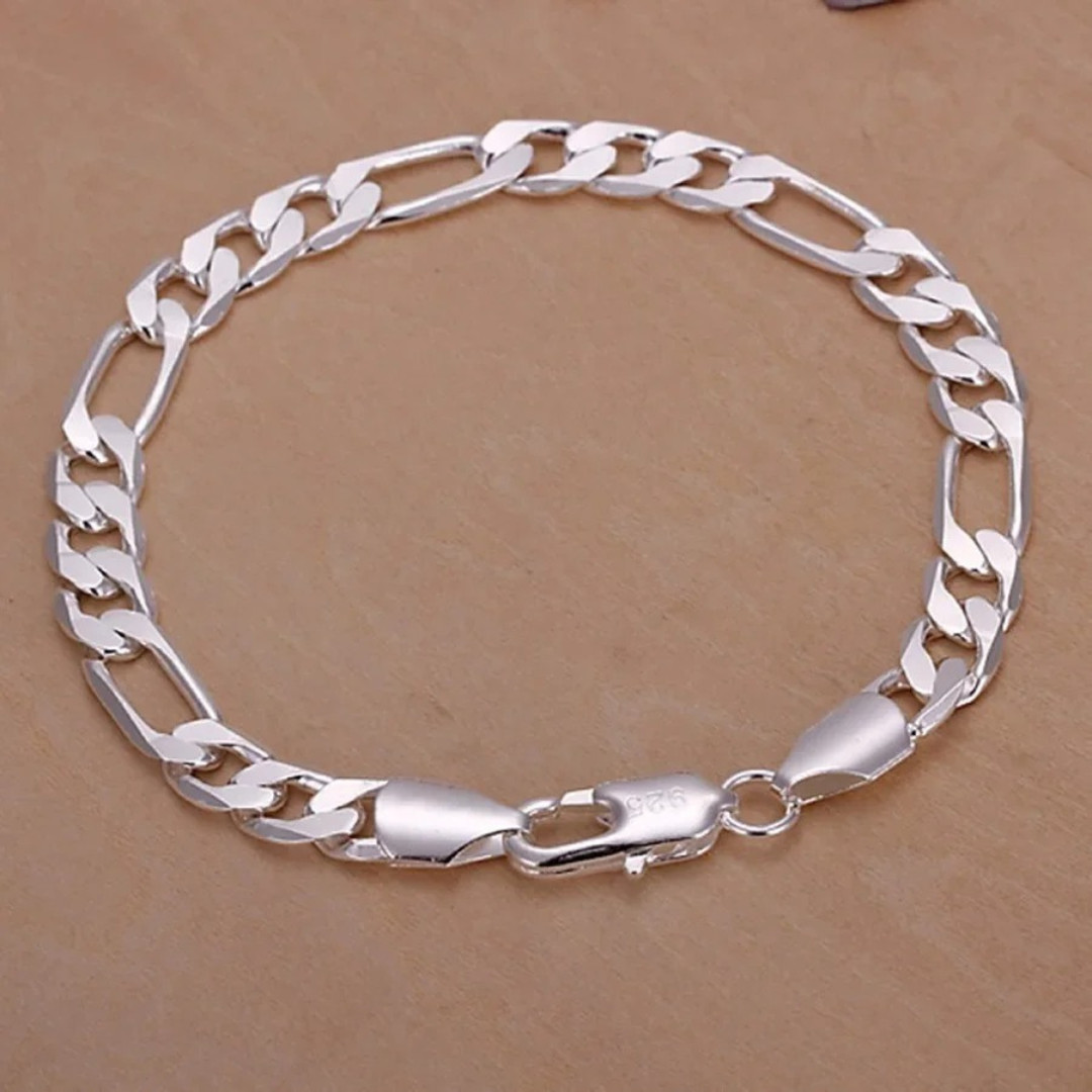 8mm 925 Sterling Silver Figaro Bracelet – Chain for Men & Women, 20 cm Jewelry