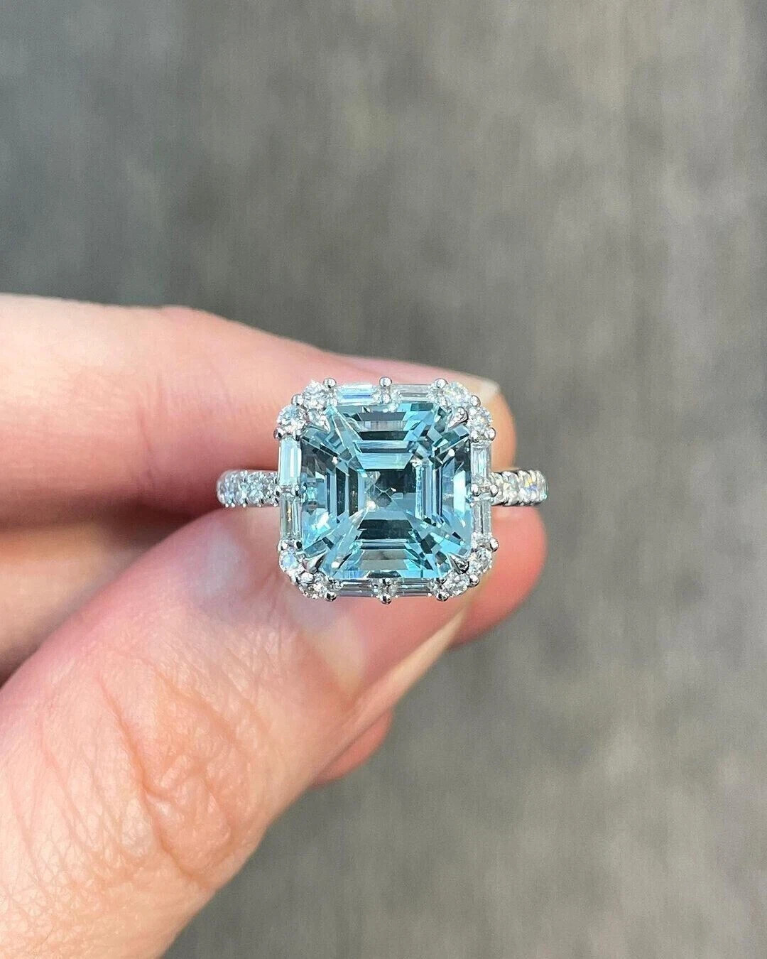 Asscher 4.23 Ct Natural Aquamarine Diamond Bridal Wedding Ring 14K White Gold