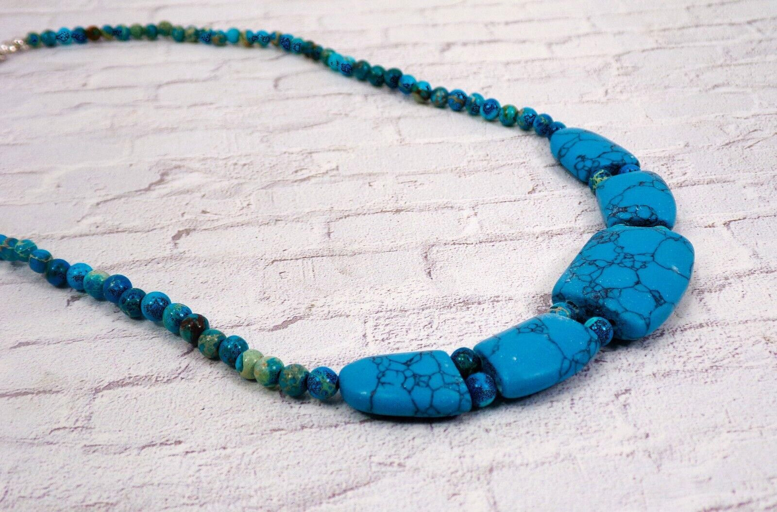 Turquoise stone necklace with large stones in front, small round bead neck New