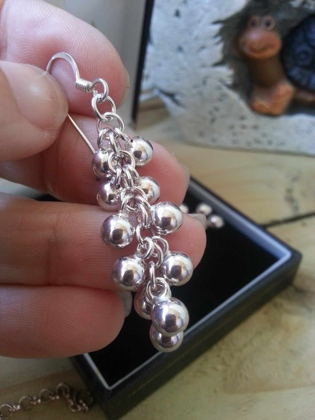 925 Cluster Round Balls Lariat Style Necklace & Drop Pierced Earrings