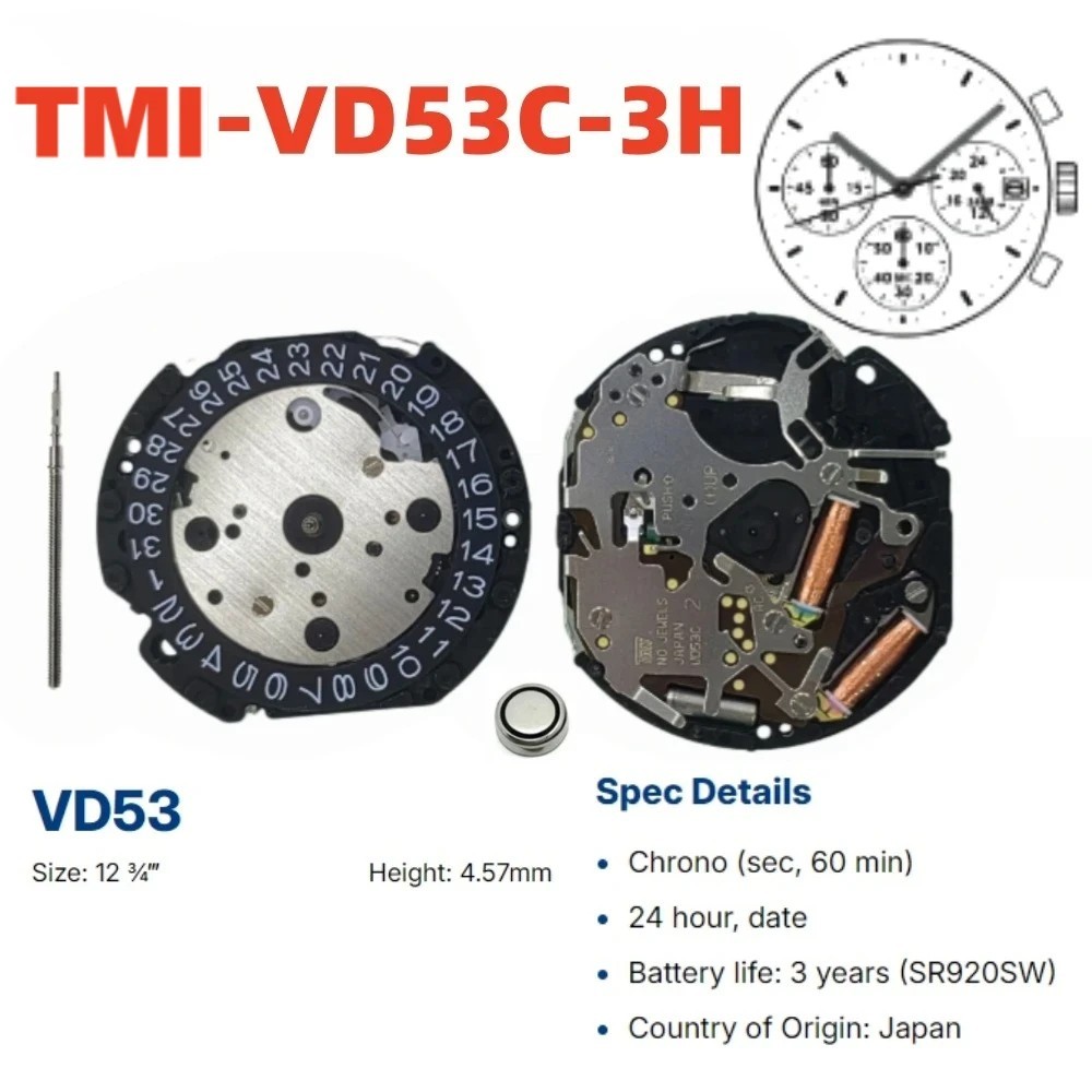 TMI Seiko VD53C Chronograph Movement Choice of Date Position 3, 4.5 or 6 O’Clock