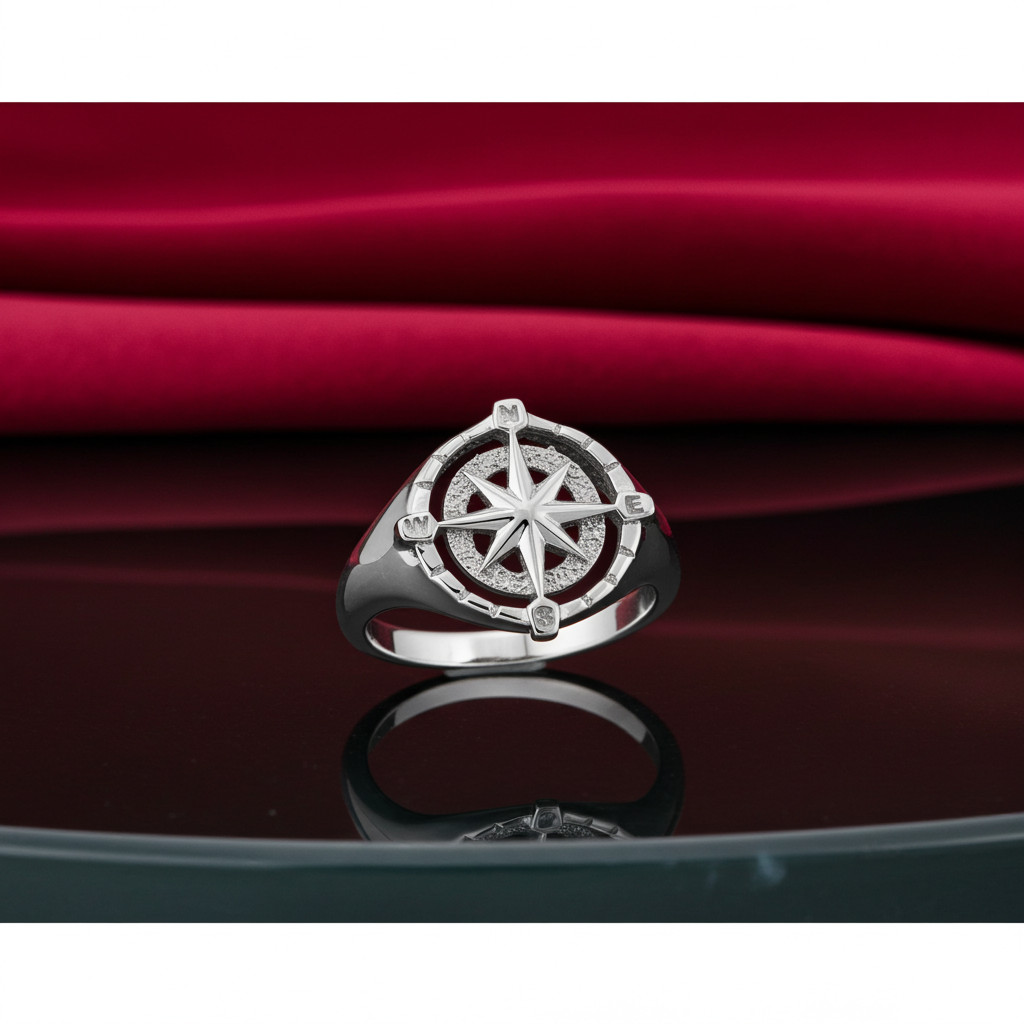 Sterling Silver Compass Ring for Women Polished North Star Compass Rose Signet