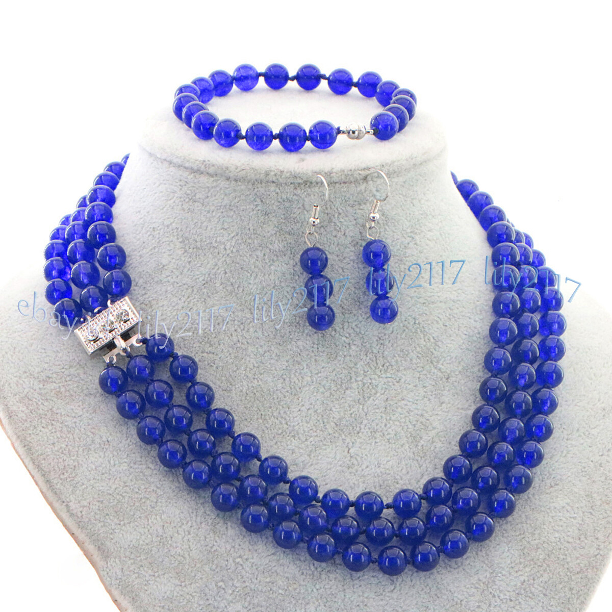 3 Rows Natural Multicolor Jade Round Gems Necklace Bracelet Earrings Jewelry Set