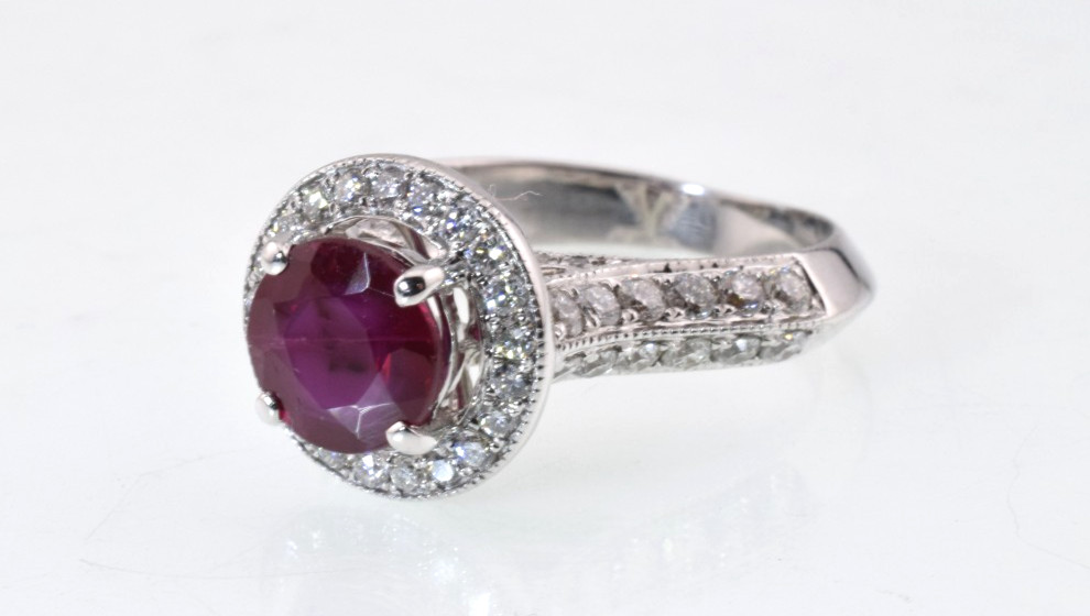 Ruby & Diamond Halo Ring in 18k Gold 2.40 Carats Size 5.5
