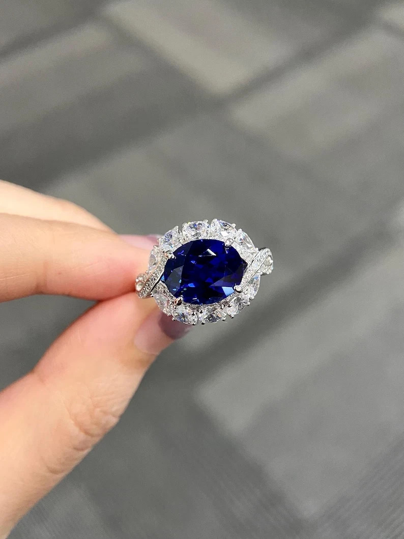 4.70Ct Oval Natural Sapphire Diamond Wedding Ring 14K Solid White Gold 7