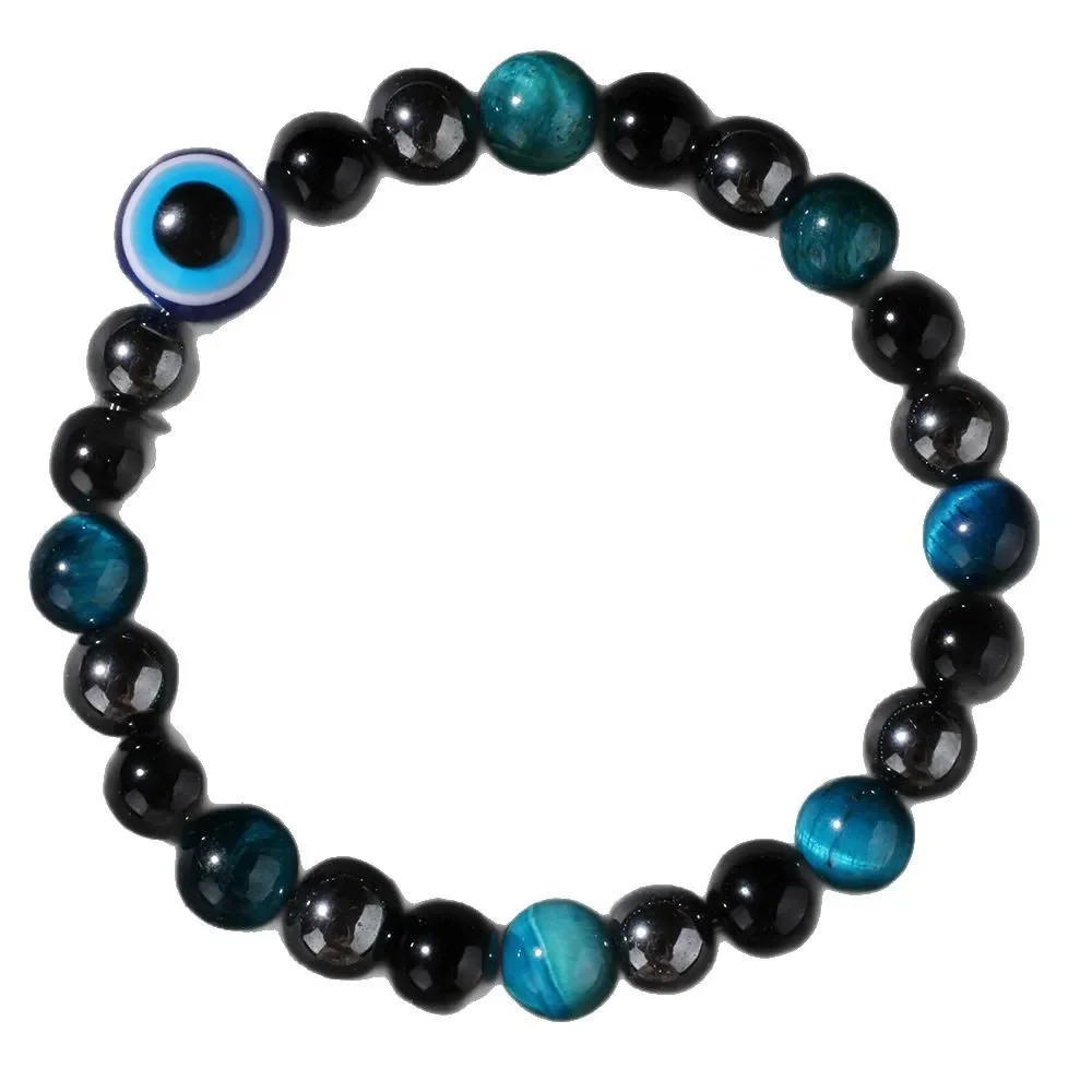 Protection Bracelet,Blue Tigers Eye Black Bile Obsidian Evil Eye Beaded Bracelet