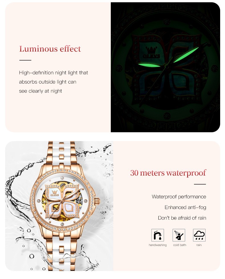 OLEVS 6612 Leather Ceramic Fashion Automatic Female Dress Mechanical Wristwatch