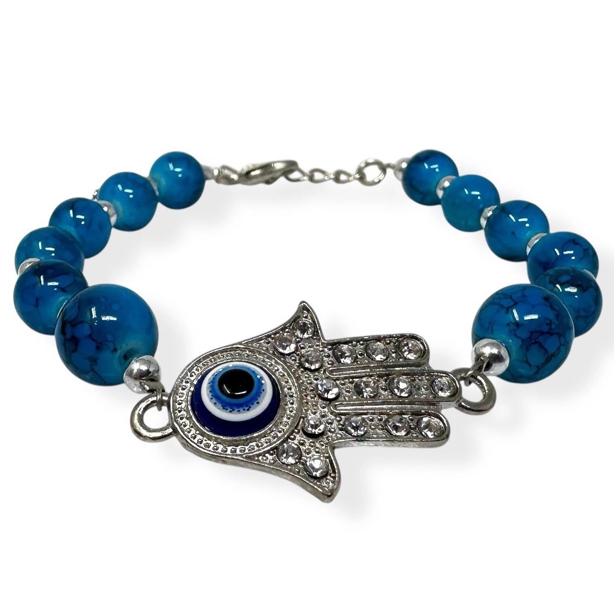 Hamsa Hand Evil Eye Bracelet – Blue Beaded Resin Charm, Adjustable 7.75–9″
