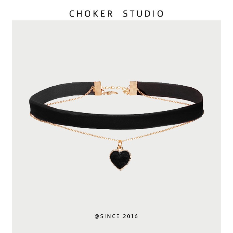 Black Velvet Choker Necklace with Gold Black Heart Pendant