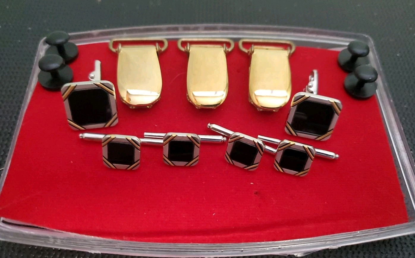 Black Silver Gold Square Formal Cuff Links & Shirt Studs Suspender Clips Tux