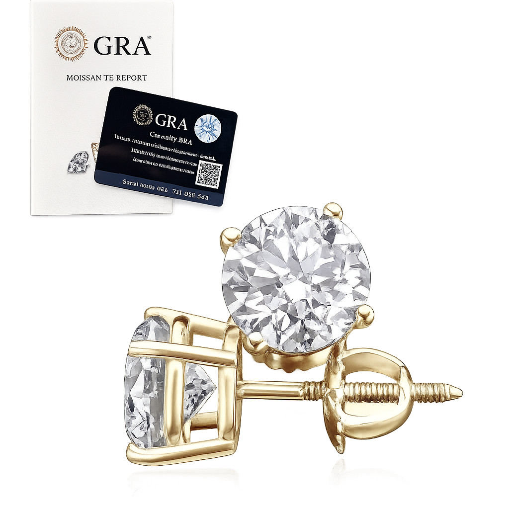 Moissanite Screw Back 14k Gold Solitaire Stud Earrings GRA Certified D/VVS1