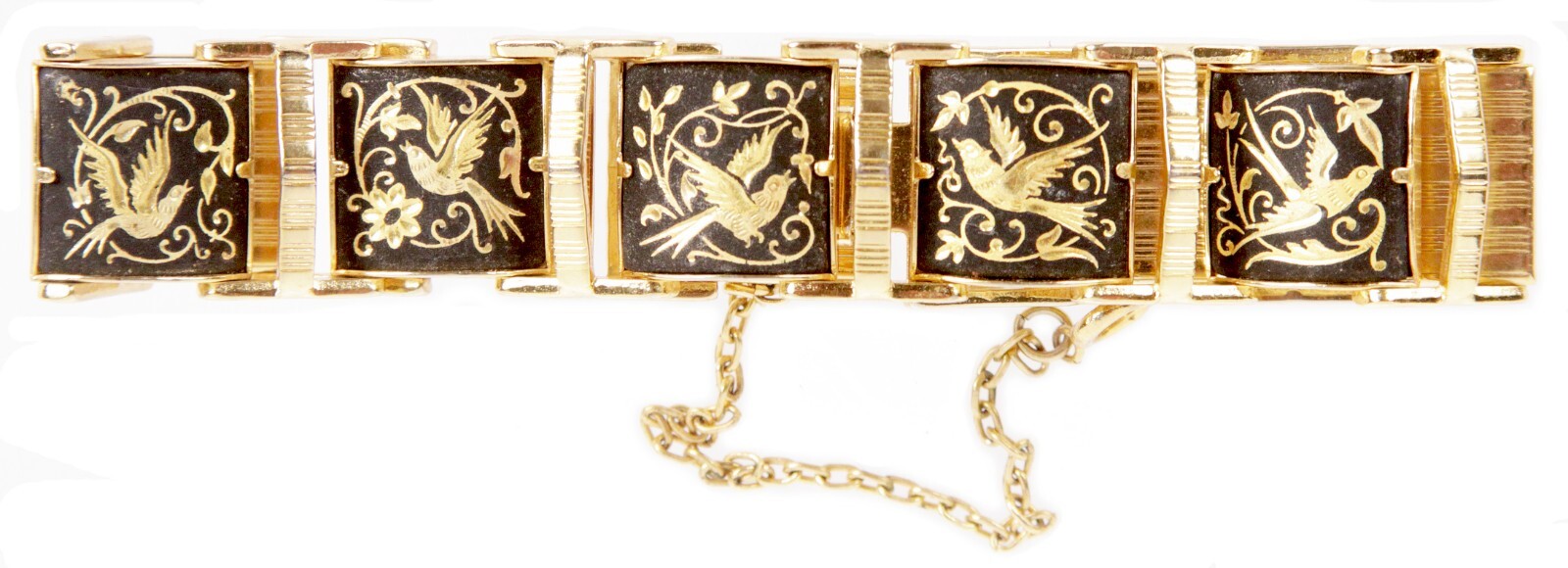 Vintage Spanish Toledo Bird Pattern Damascene Gold Plated Link Panel Bracelet
