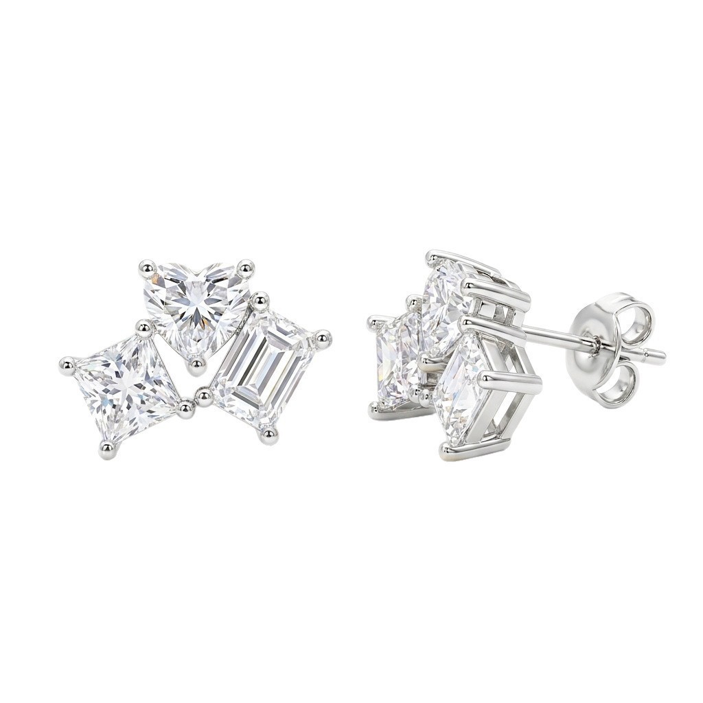 925 Sterling Silver Heart Pear Emerald Cut Moissanite Cluster Stud Earrings