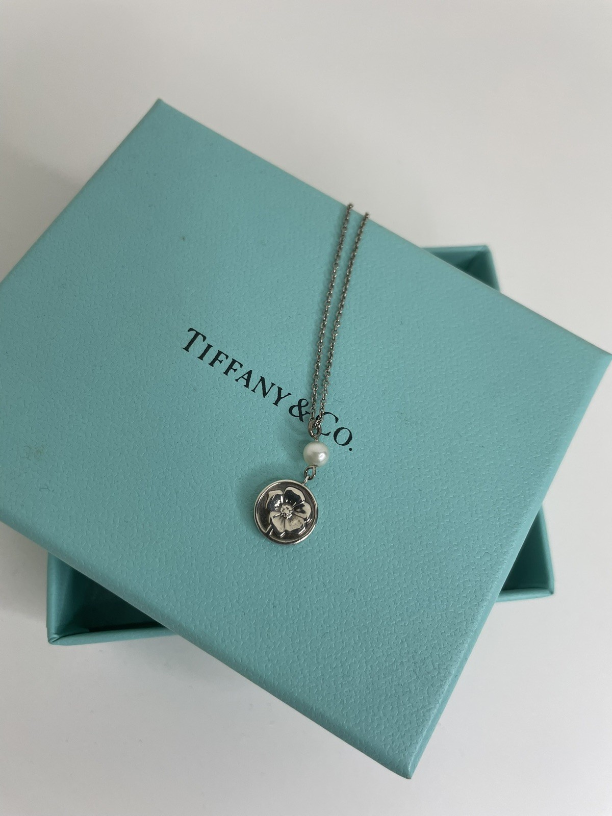 Tiffany & Co Silver RARE Nature Rose Pearl Pendant 17 Inch Necklace!