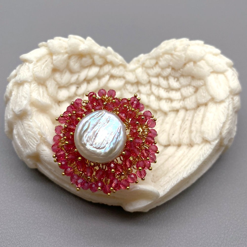 Pink Crystal White Coin Pearl Finger Rings Cocktail Adjustable Gold Tone Ring
