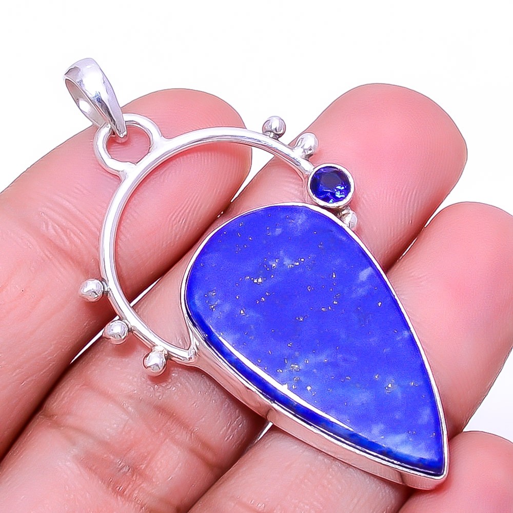 Lapis Lazuli – Afghanistan & Blue Sapphire Simulated 925 Silver Pendant 2.15″ P5