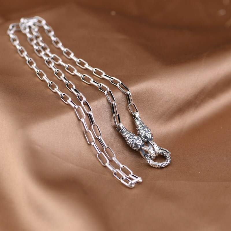 925 Sterling Silver DRAGON HEAD Clasp Paperclip Chain Necklace 60cm Heavy Gothic