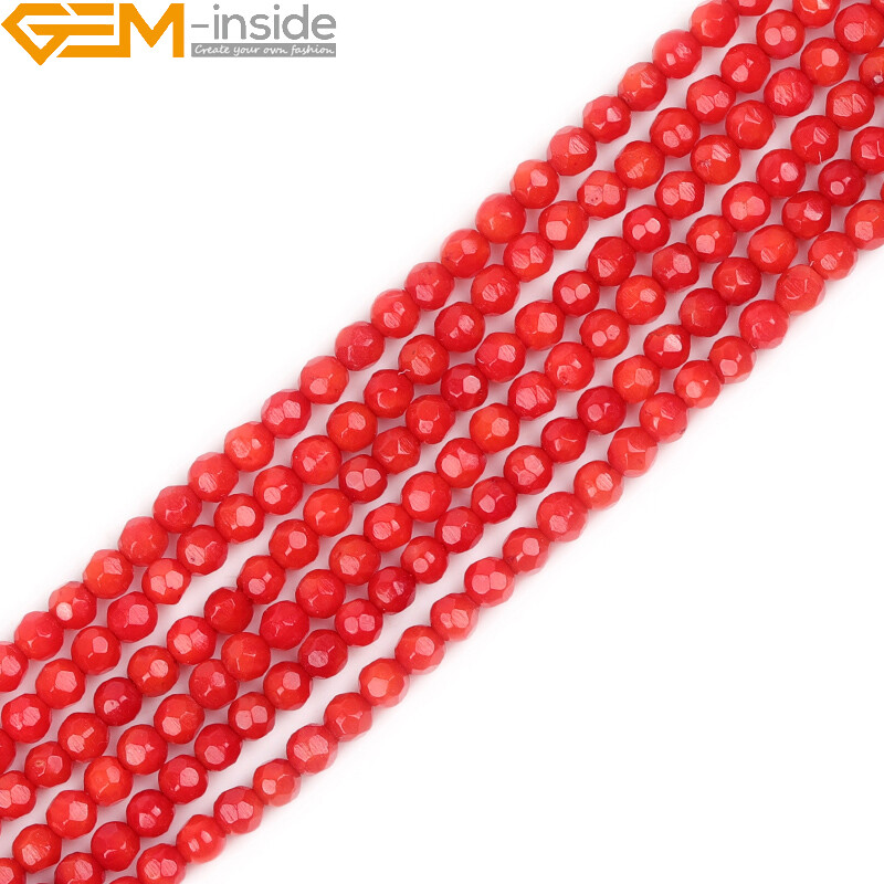 Faceted Red Coral Beads 15″ – Dyed Round Loose Gemstone Jewelry Making Strand”