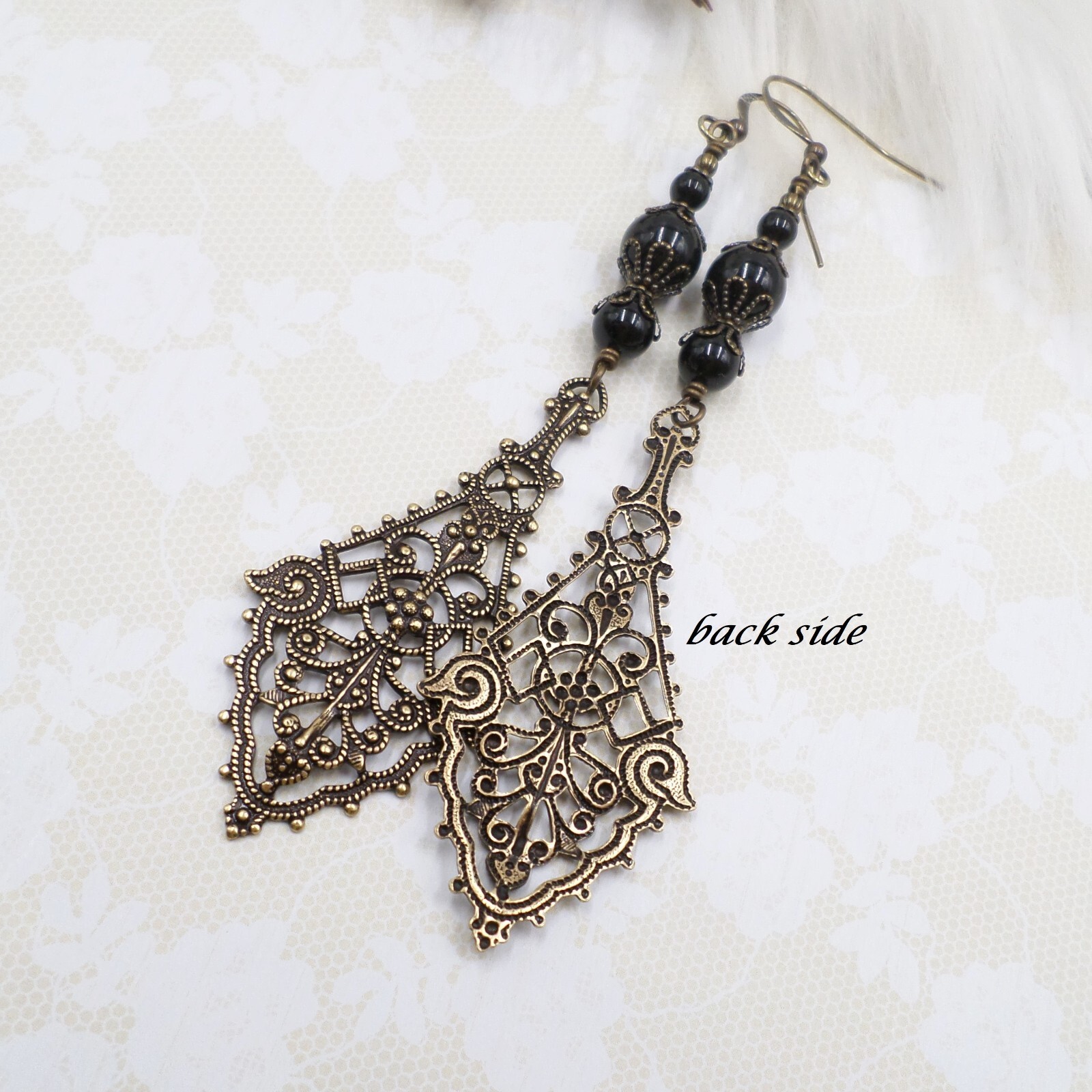Victorian Gothic Earrings, Antique Brass Filigree Black Bead Long Dangle Jewelry