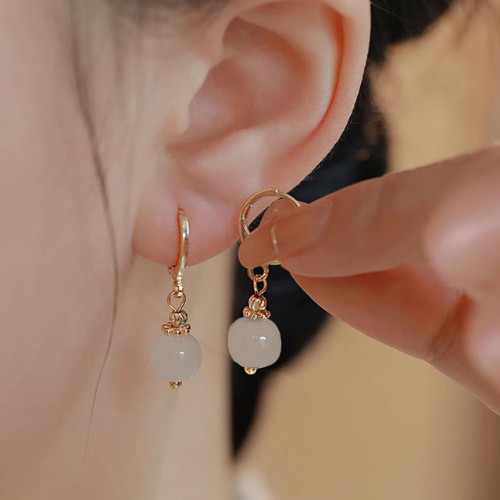 Natural Green Jade Stone Flower Stud Earrings Silver Vintage Women Earrings