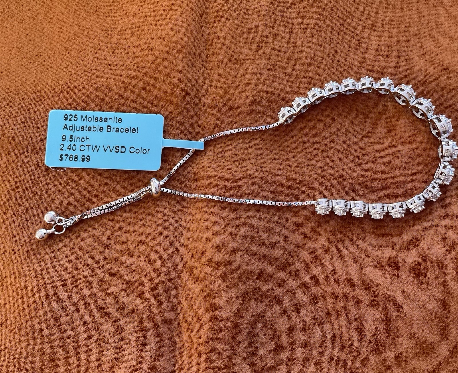 Sterling Silver And Moissanite Adjustable Bracelet To 9.5 Inches 2.40CTW￼