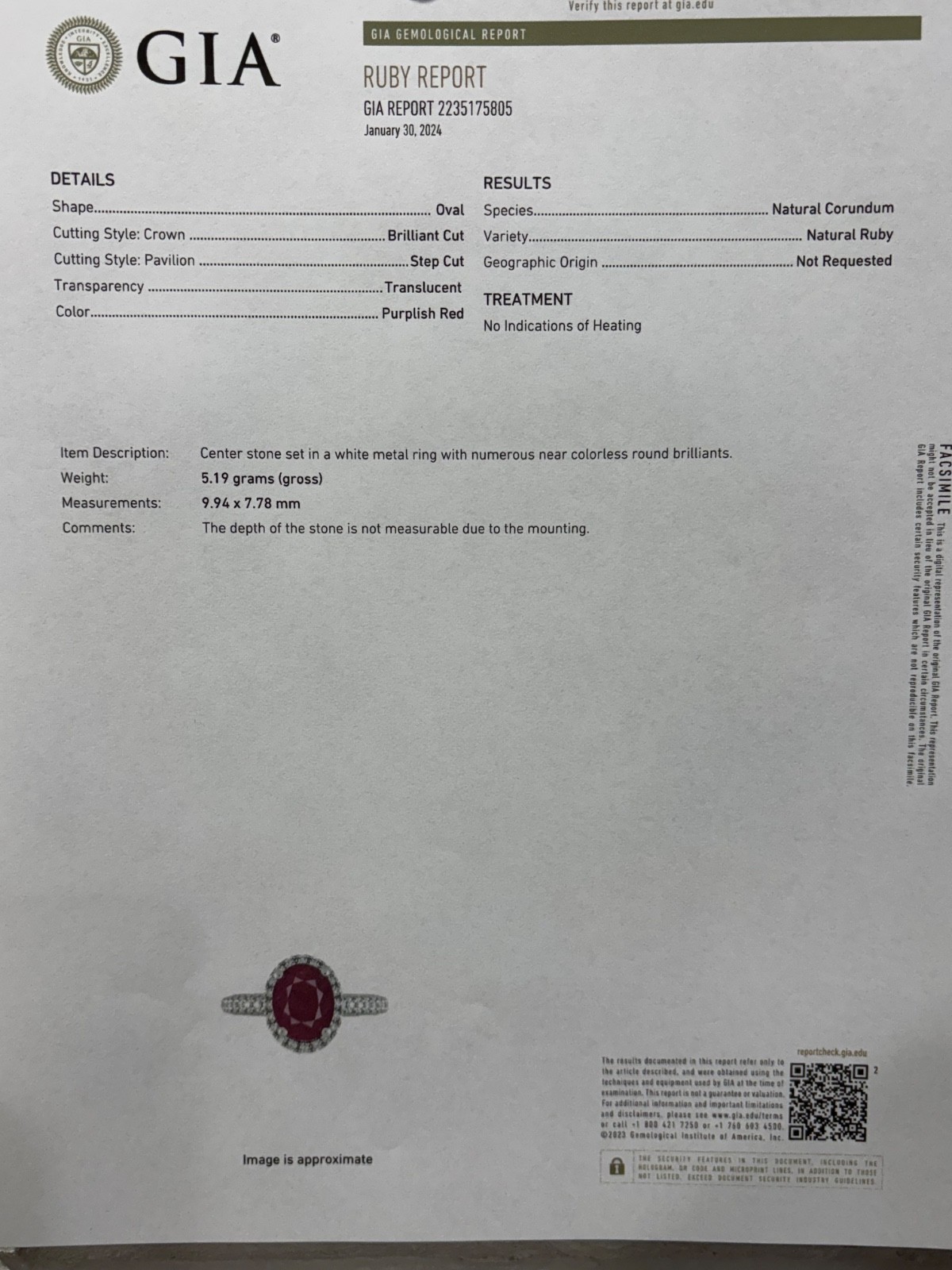 Natural GIA Cert 3.0ct Ruby & .90ct Diamond 14k Wt Gold Ring, Size 7.