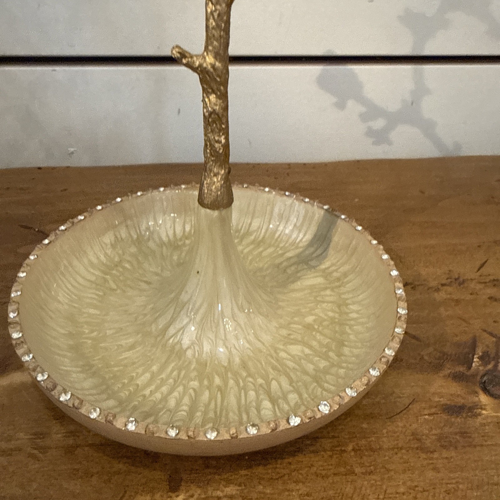 Goldtone Jewelry Tree Stand with Enamel Bowl Base