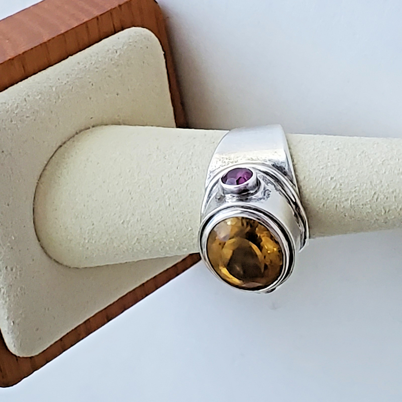 Unique Oval Citrine And Amethyst Sterling Silver 925 Wide Cocktail Ring Size 7