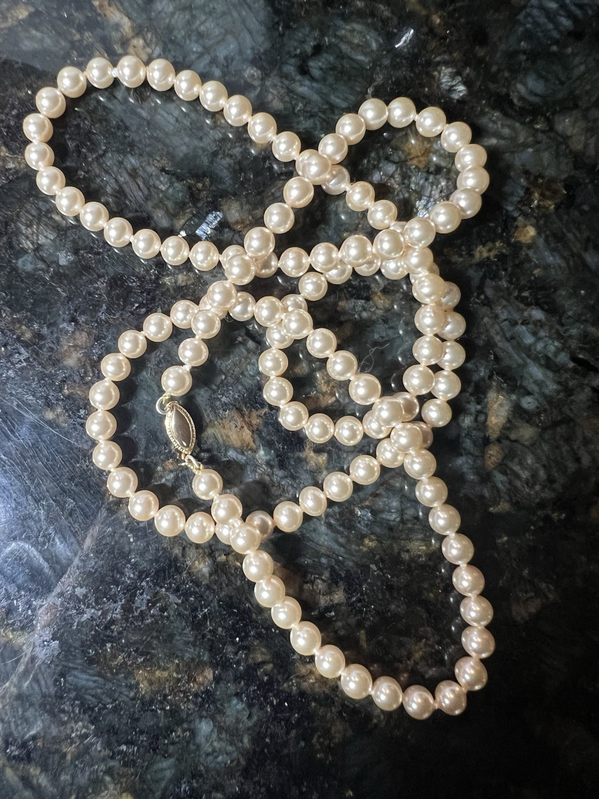 VINTAGE MAJORCA PEARL NECKLACE 14K G.F. CLASP 30 IN. 5MM PEARLS FROM SPAIN NOS.