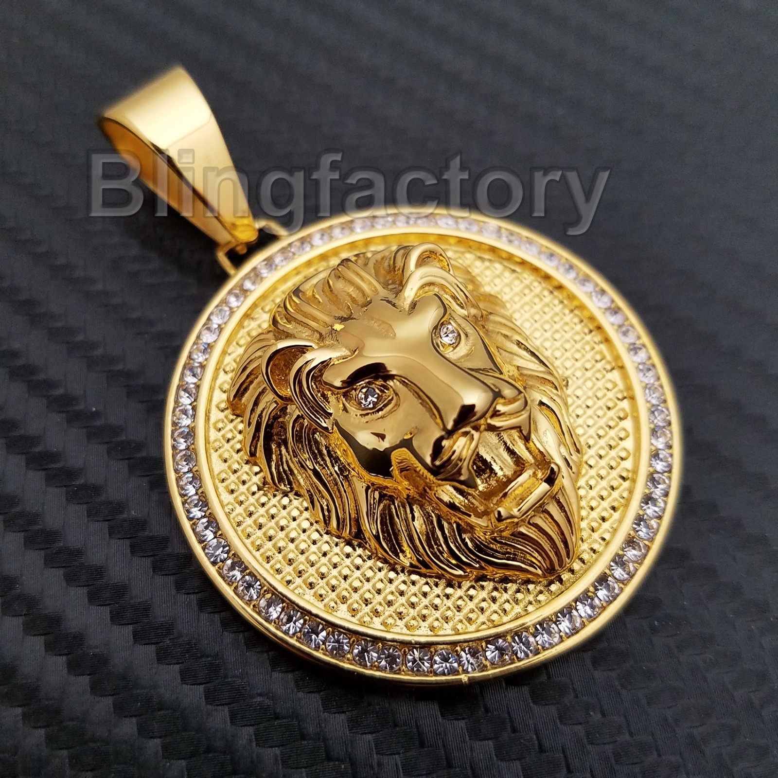 HIP HOP ICED STAINLESS STEEL CUBIC ZIRCONIA GOLD PLATED LION HEAD CHARM PENDANT