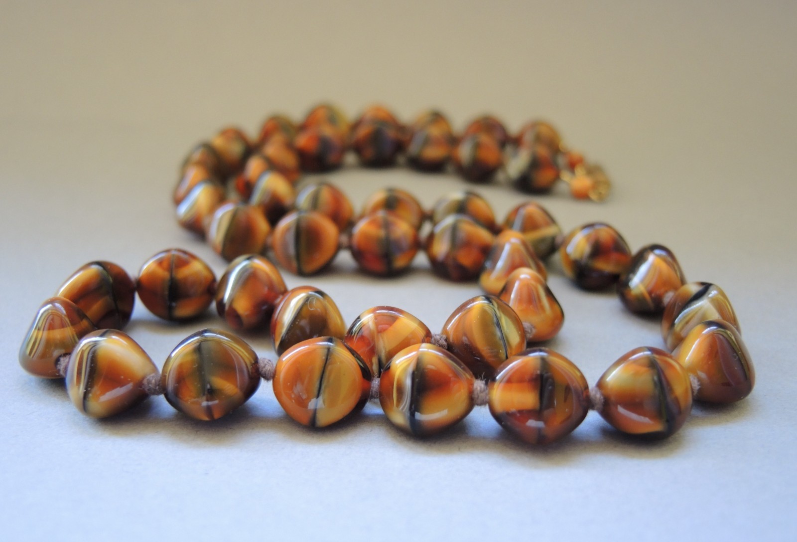 Vintage Czech Glass Necklace Lot 3 Faux Tiger Eye Snake Beads Satin Brown