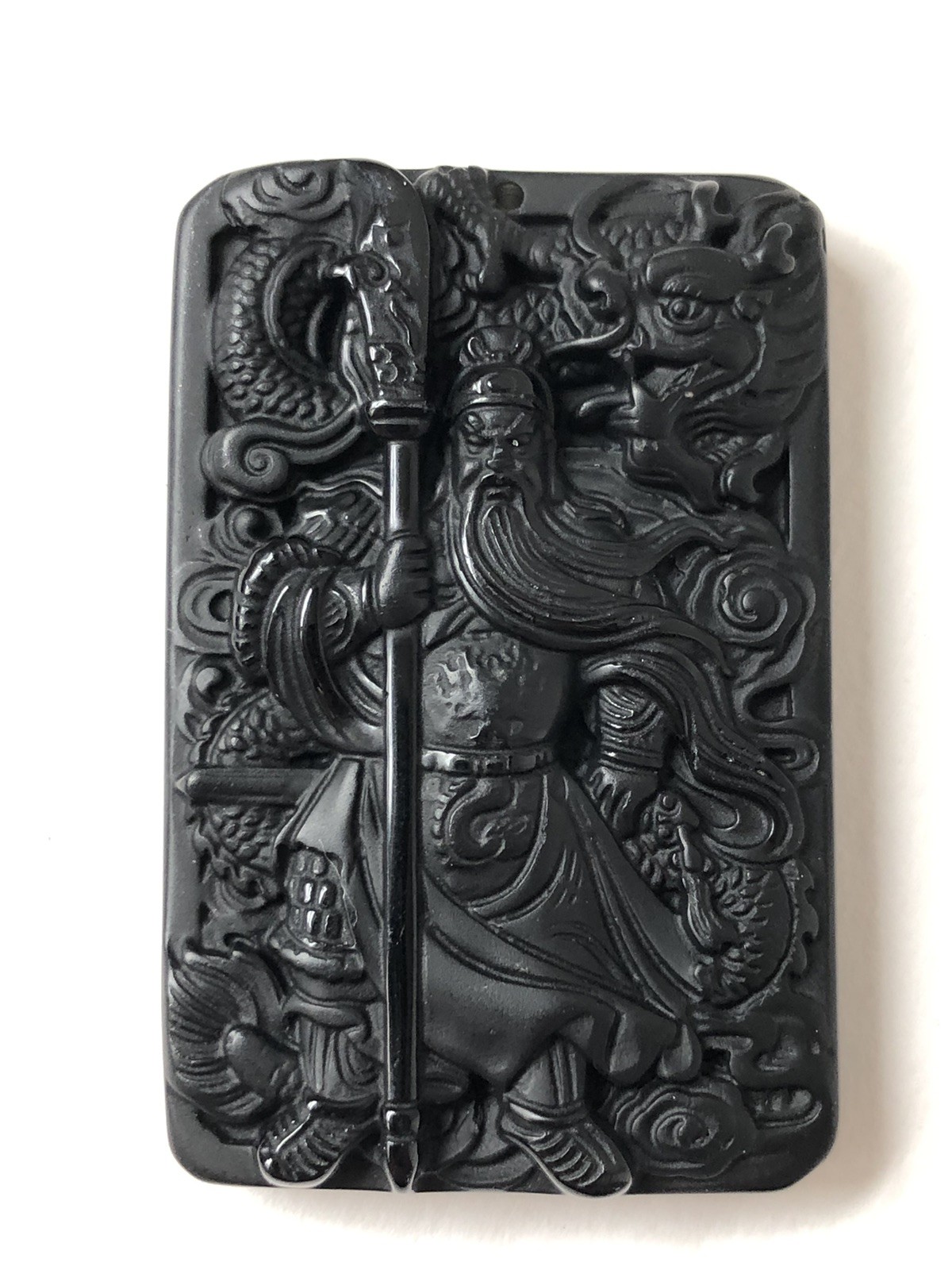 Guan Gong Natural Black Obsidian Necklace Dragon Glass Pendant ‘Guan Yu’ NEW EX