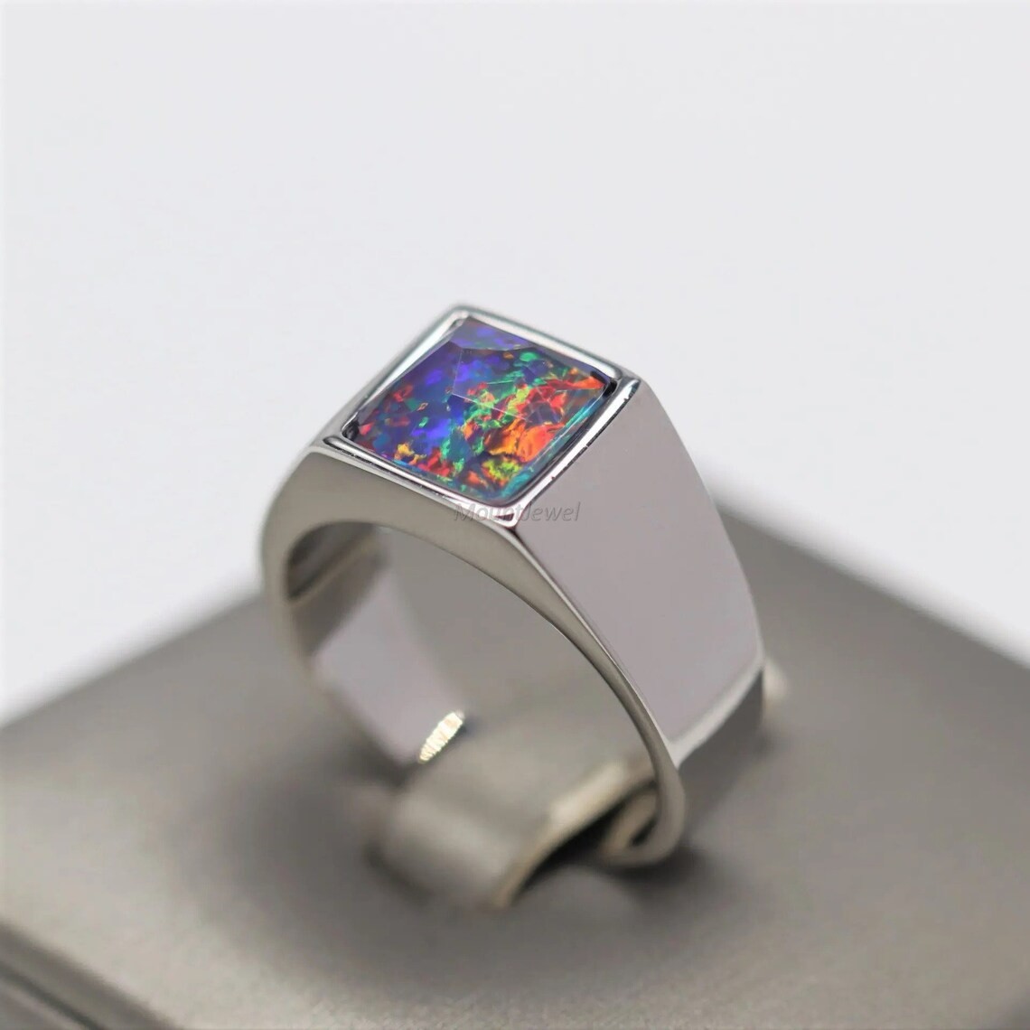 Blue Fire Opal Gemstone Signet Ring, 925 Sterling Silver Ring Gift For Friend