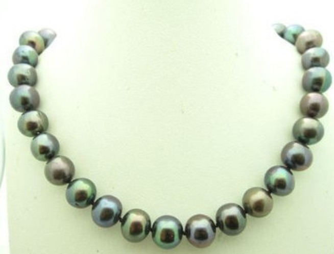 HUGE 18″10-12MM SOUTH SEA TAHITIAN BLACK PEACOCK ROUND PEARL NECKLACE 6638