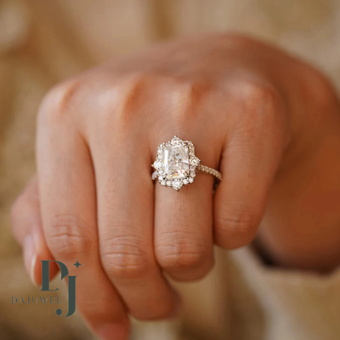 F/VVS1 Moissanite Halo Engagement Ring Solid 14K White Gold 2.50 CT Radiant Cut