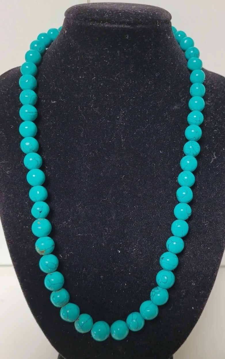 Vintage 45cm Blue Green Teal 180 Carat Turquoise Howlite 9mm Bead Necklace 39grm