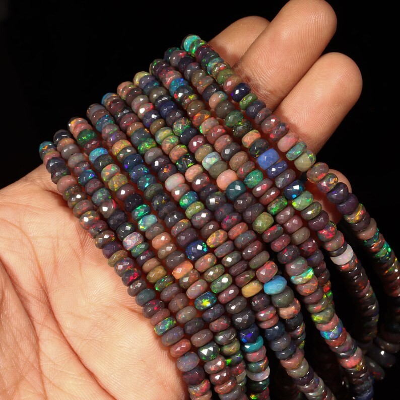 AAA Black Ethiopian Opal Beads: Faceted Rondelle Multi Fire Gemstone