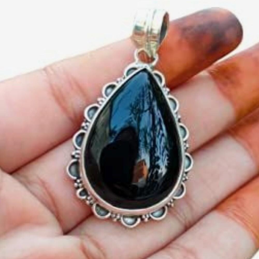 Natural Black Onyx Gemstone 925 Silver Handmade Pendent Gift for her A-786