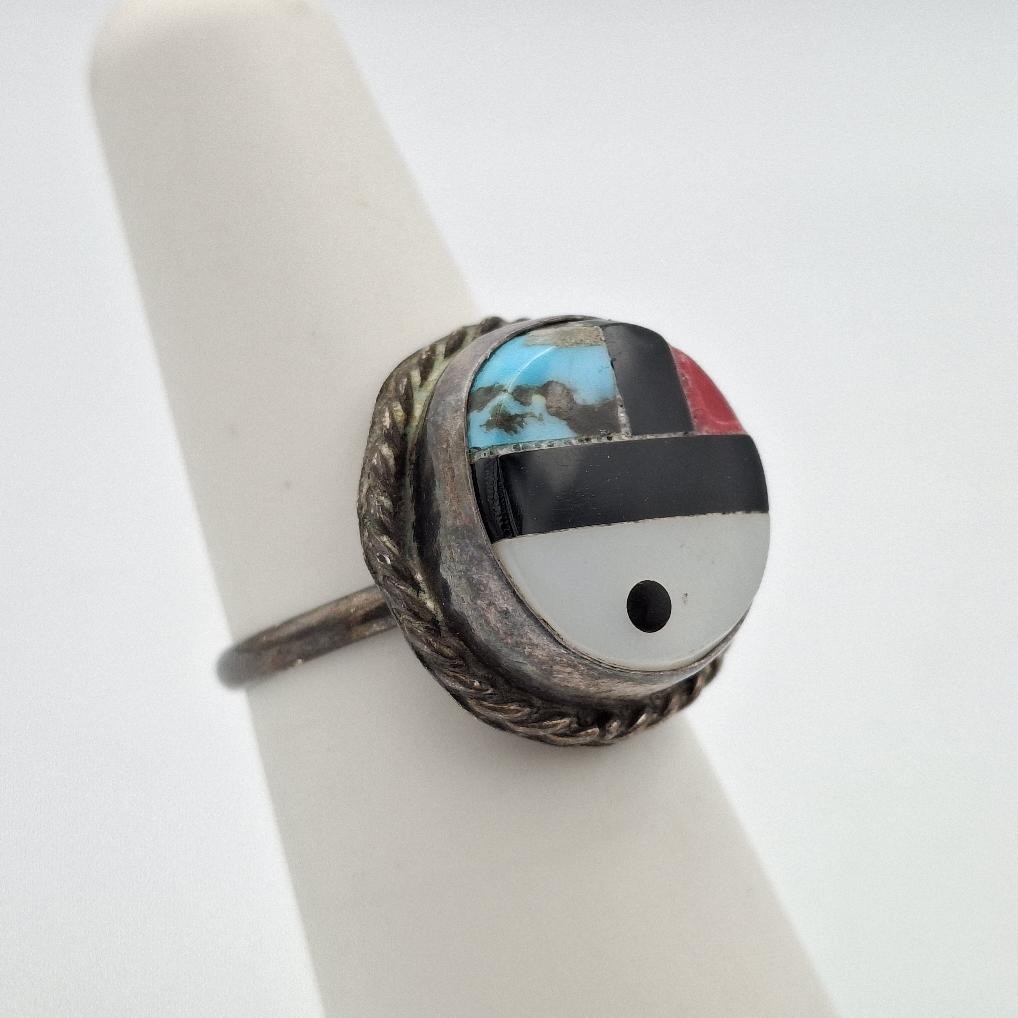 Vintage Old Pawn 925 Sterling Silver Zuni Sunface God Eye Native American Ring 5
